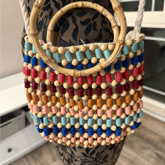 Zara wood beaded tote handbag with cotton strap bamboo handle - Picture 3 of 4